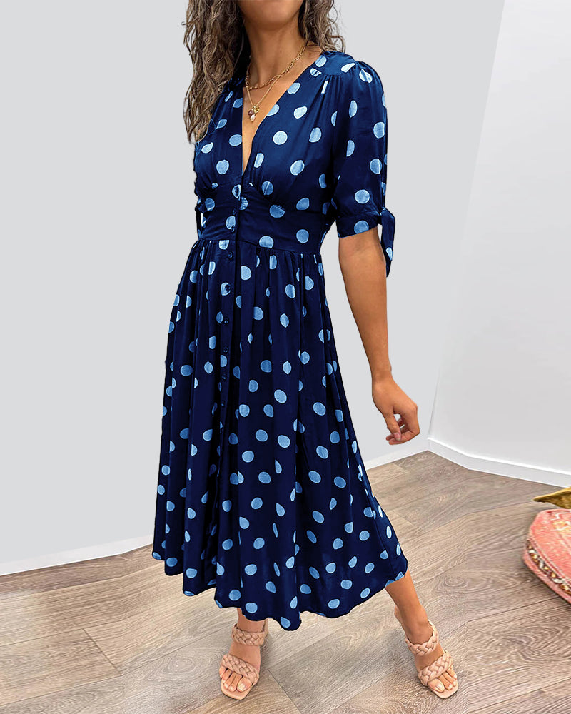 Polka Dot Button Front Midi Dress