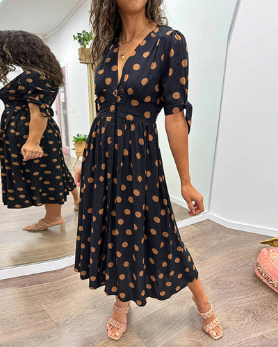 Polka Dot Button Front Midi Dress