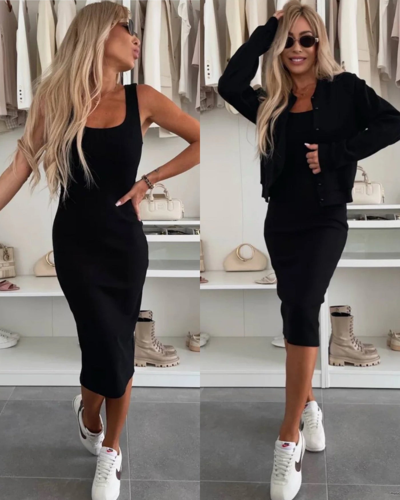 Cyrille™ | Elegant midi dress and bomber jacket combo