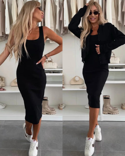 Cyrille™ | Elegant midi dress and bomber jacket combo