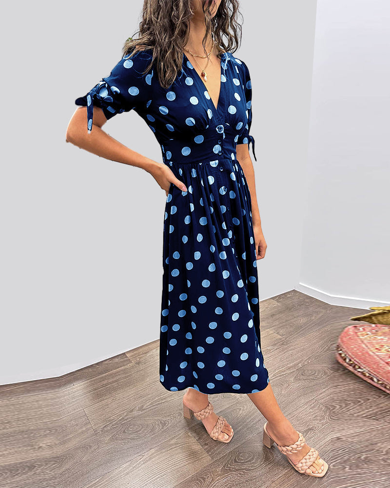Polka Dot Button Front Midi Dress