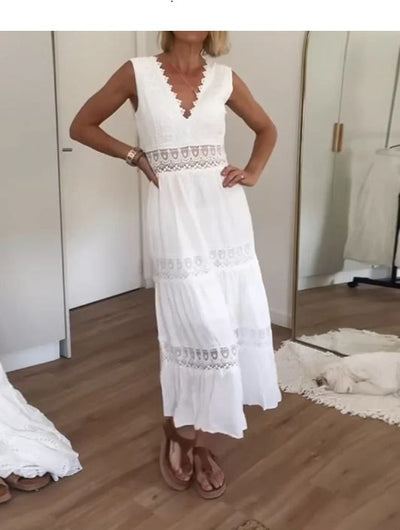 Sleeveless lace dress with V-neckline