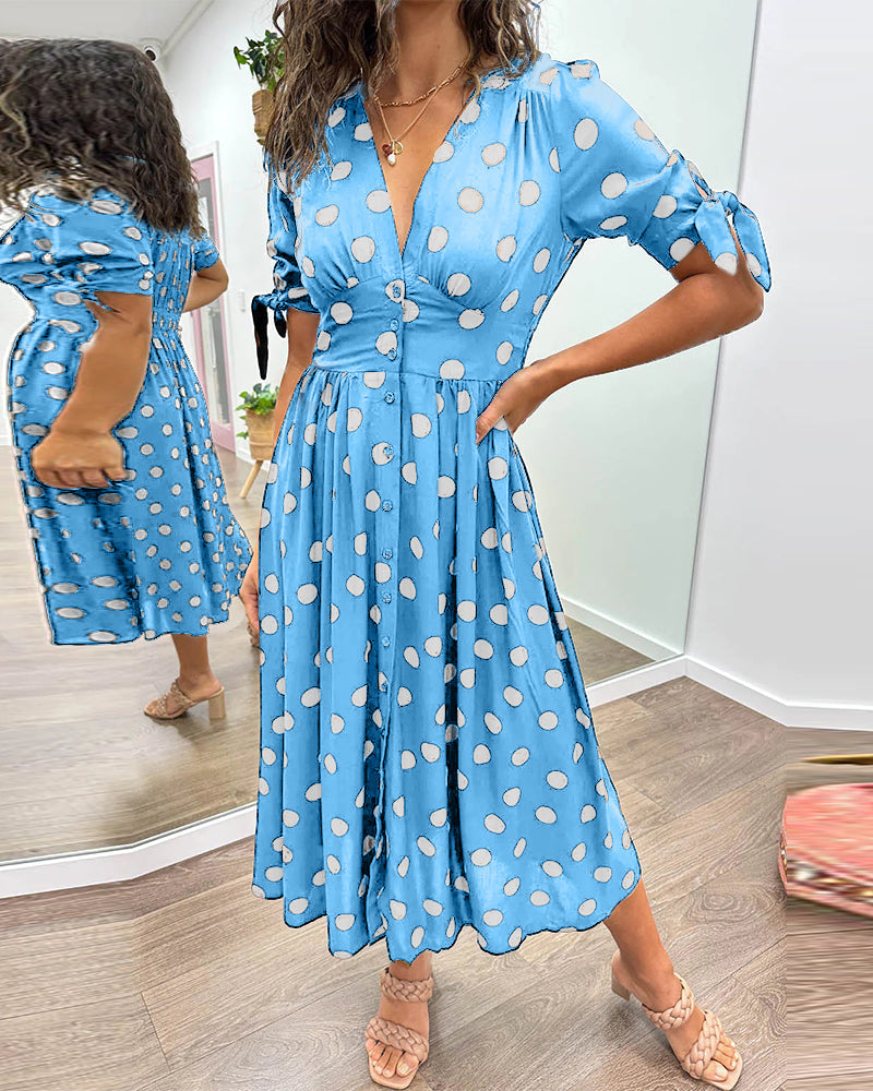 Polka Dot Button Front Midi Dress