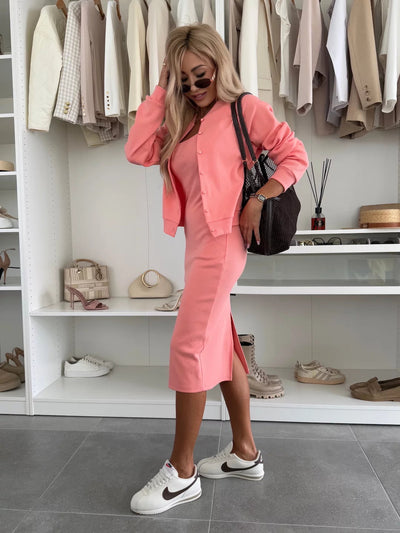 Cyrille™ | Elegant midi dress and bomber jacket combo