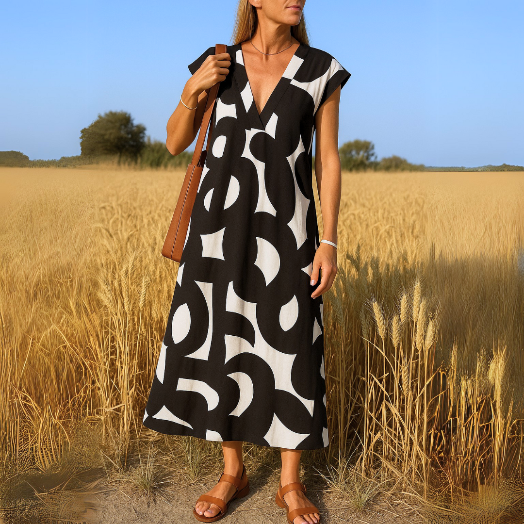 Elegant Abstract Print V-Neck Midi Dress