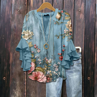 Floral Print Ruffle Sleeve Blouse