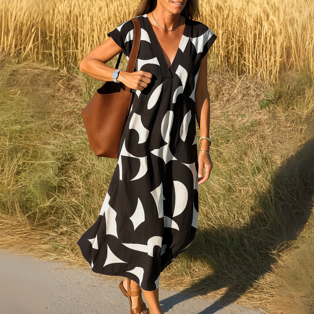 Elegant Abstract Print V-Neck Midi Dress