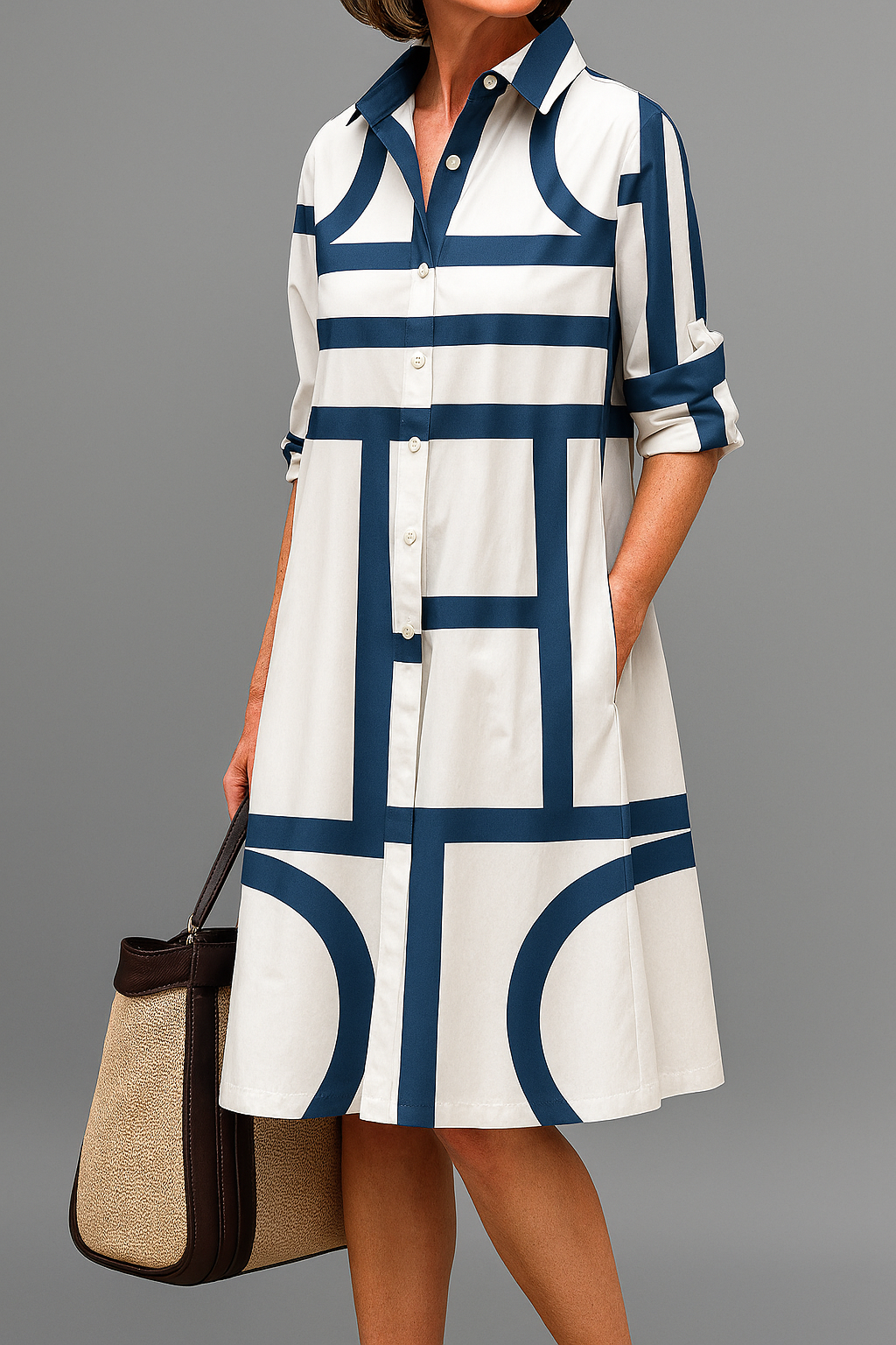 Catherine | Elegant Geometric Print Shirt Dress