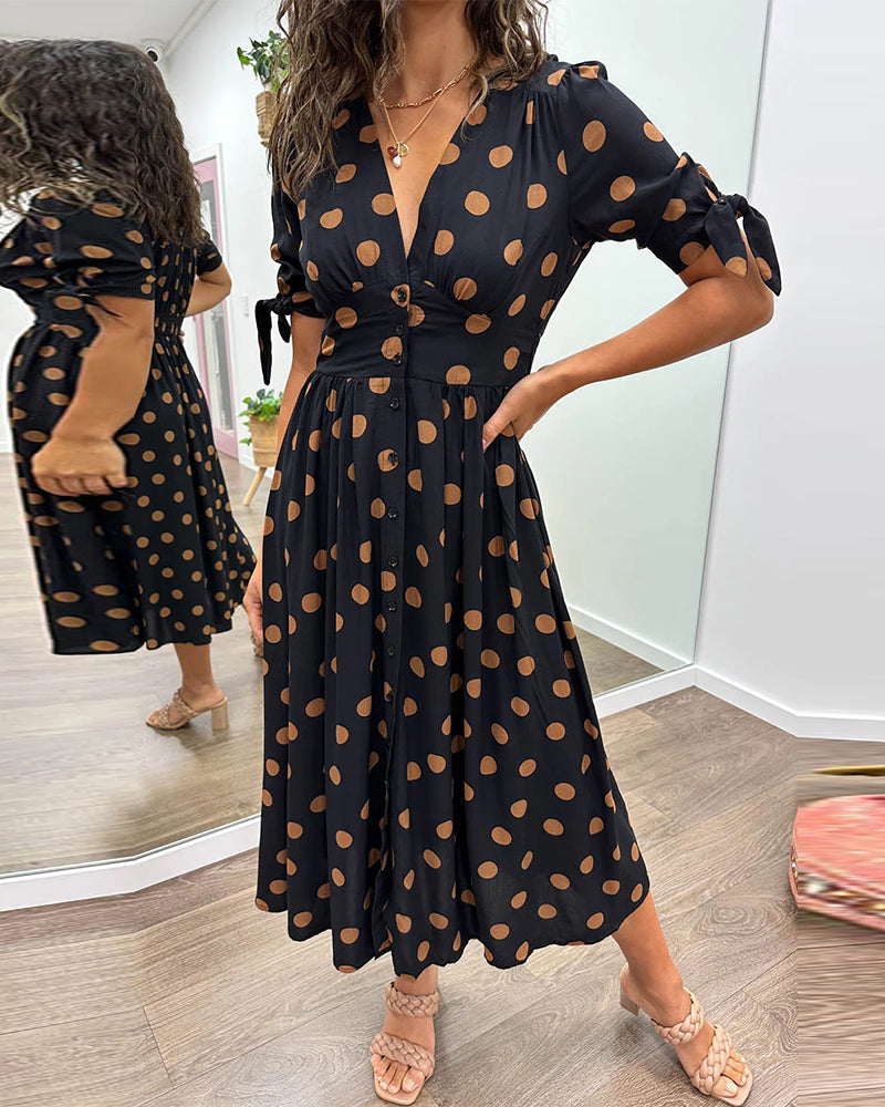 Polka Dot Button Front Midi Dress